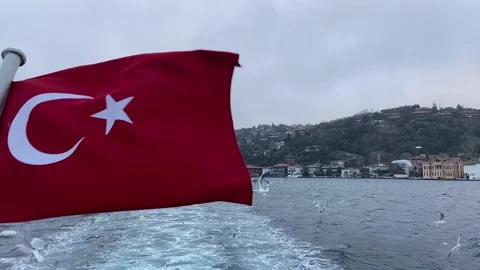 Turkish flag on the background of the Bosphorus. Turkey flag close-up. The Stock Footage 204854181
