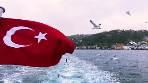 Turkish flag on the background of the Bosphorus. Turkey flag close-up. The Stock Footage 204854188