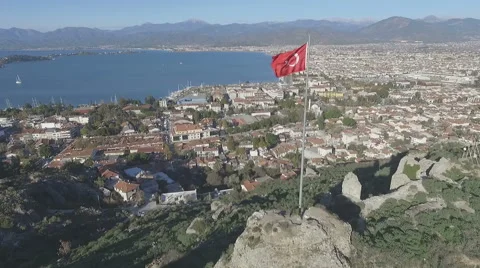 Turkish Flag with Castle Stock Footage 58863408