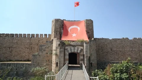 Turkish Flag On Castle Walls Stock Footage 99990926