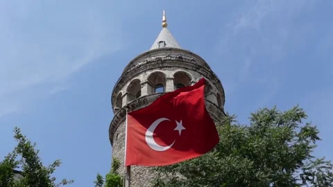 Turkish Flag - The Flag of Turkey - Slow Motion With Historical Building Video stock 196616997