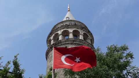 Turkish Flag - The Flag of Turkey - Slow Motion With Historical Building Video stock 196617204