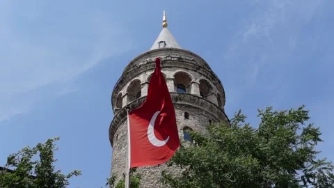Turkish Flag - The Flag of Turkey - Slow Motion With Historical Building Video stock 196617412