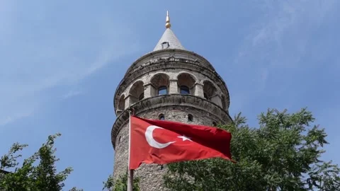 Turkish Flag - The Flag of Turkey - Slow Motion With Historical Building Video stock 196617619