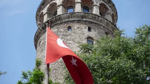 Turkish Flag - The Flag of Turkey - Slow Motion With Historical Building Video stock 196617832