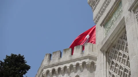 Turkish Flag - The Flag of Turkey - Slow Motion With Historical Building Video stock 196666856