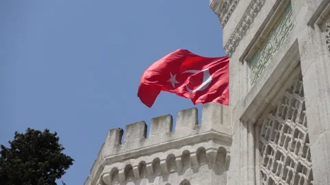 Turkish Flag - The Flag of Turkey - Slow Motion With Historical Building Video stock 196666985