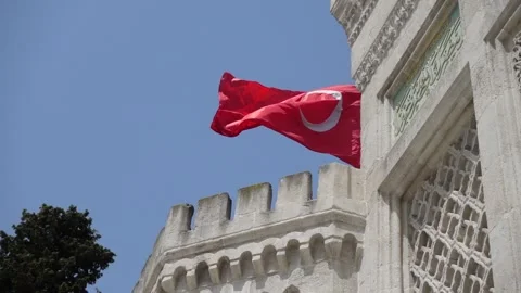 Turkish Flag - The Flag of Turkey - Slow Motion With Historical Building Video stock 196667065