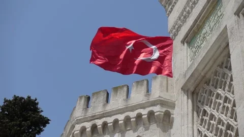 Turkish Flag - The Flag of Turkey - Slow Motion With Historical Building Video stock 196667300