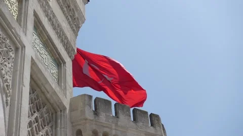 Turkish Flag - The Flag of Turkey - Slow Motion With Historical Building Video stock 196668035