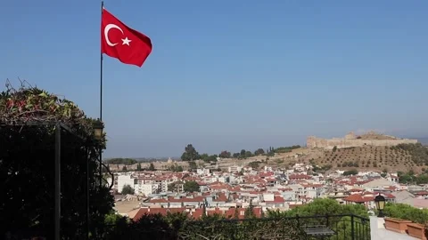 Turkish flag fluttering in the wind with the view of Ephesus at Selcuk Turkey Video stock 222000583