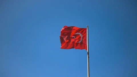 Turkish flag over blue sky in Istanbul, Turkey, slow motion, 240 fps (8x) Stock Footage 84173525