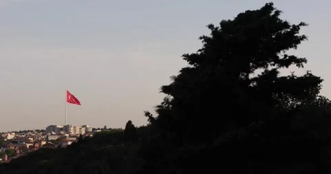 Turkish flag over Istanbul rooftops at sunset beside a dark tree silhouette. Stock Footage 320027741