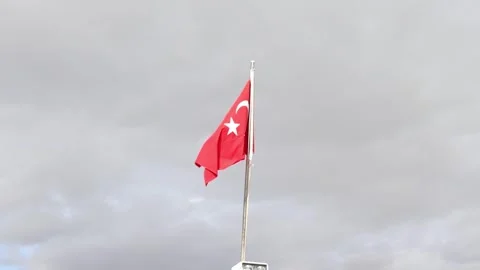Turkish Flag on the Pole of a Ship in Cloudy Day (Slow Motion) Stock Footage 299259460