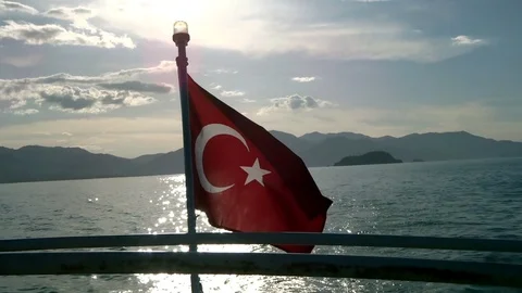Turkish flag on the stern of the ship Stock Footage 91319201