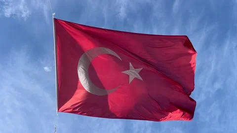Turkish flag waving in the deep blue sky Stock Footage 255242164