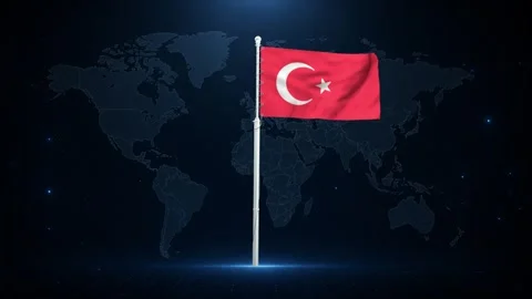 Turkish flag waving in front of a digital world map. Stock Footage 340414326