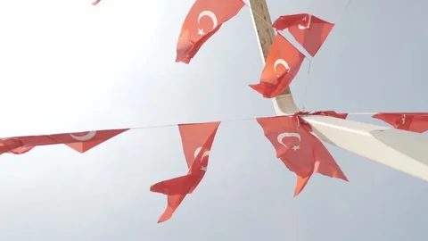 Turkish Flag Waving Slow Motion Roll Movement with Sky in Istanbul Turkey Stock Footage 201428557