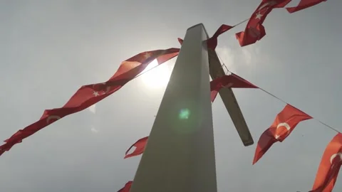 Turkish Flag Waving Slow Motion Roll Movement with Sun in Istanbul Turkey Stock Footage 201438065