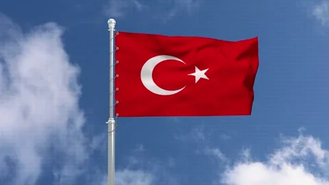Turkish flag waving in wind against blue sky with clouds realistic 3d anima.. Vidéo 342075538