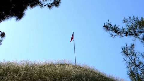 Turkish flag waving in the wind on hill against clear blue sky Stock Footage 317549887