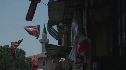 Turkish flags above streets Видео 74831694