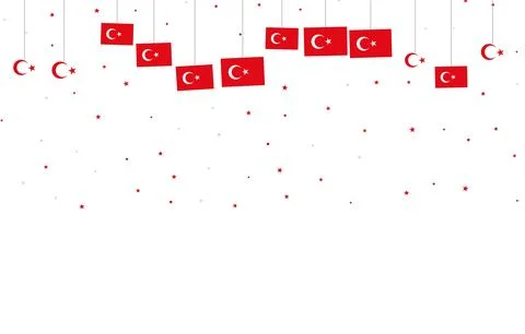 Turkish flags and crescent moons hanging on strings with red stars scattered on Ilustración de archivo