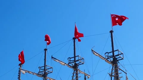 Turkish flags are flying on masts of ship Stock Footage 308733335