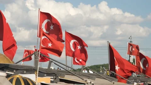 Turkish flags, blue sky and clouds with many turkish flags waving ,slow montion Stock Footage 162606467