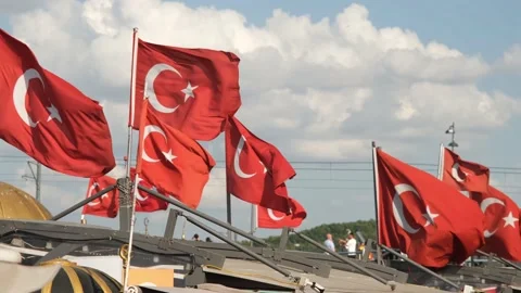 Turkish flags, blue sky and clouds with many turkish flags waving , in istanbul Stock Footage 162607157