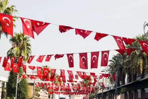 Turkish flags hung on the streets Stock Photos
