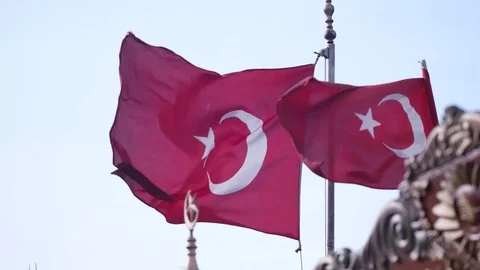 Turkish flags waving with wind at top of the ferry in Istanbul Turkey. Vídeos de archivo 76094359