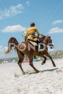 Turkish horseman ethnic clothes examples Stock Photos