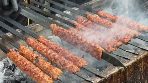 Turkish Kebab On The Grill. Barbecue grliling shish kebab , shish kebab in Stock Footage 287198201