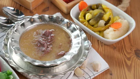 Turkish Kelle paca soup,Traditional Turkish food, Kelle Paça Çorbası Stock Footage 226412344