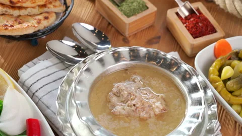 Turkish Kelle paca soup,Traditional Turkish food, Kelle Paça Çorbası Stock Footage 226516264