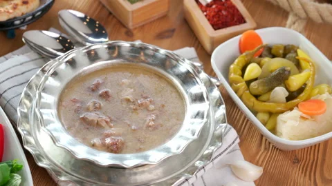 Turkish Kelle paca soup,Traditional Turkish food, Kelle Paça Çorbası Stock Footage 226552199