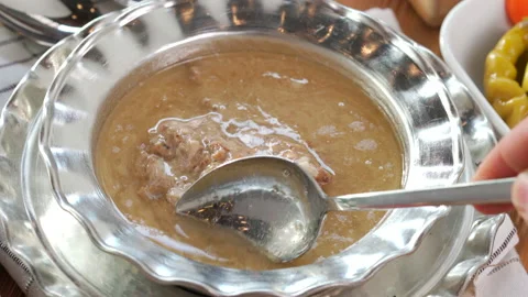 Turkish Kelle paca soup,Traditional Turkish food, Kelle Paça Çorbası Stock Footage 226557161