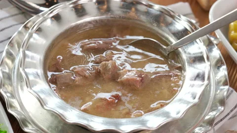 Turkish Kelle paca soup,Traditional Turkish food, Kelle Paça Çorbası Stock Footage 226563702