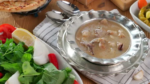 Turkish Kelle paca soup,Traditional Turkish food, Kelle Paça Çorbası Stock Footage 226563916