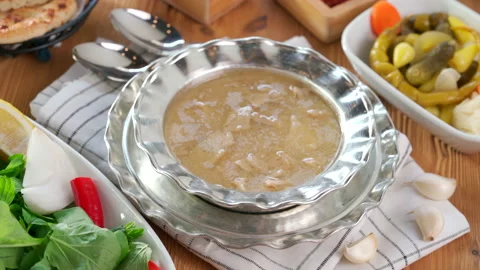 Turkish Kelle paca soup,Traditional Turkish food, Kelle Paça Çorbası Stock Footage 226629100