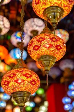Turkish Lamp or Moroccan Lantern, Eastern style, decorative lamps at store, i Stock Photos