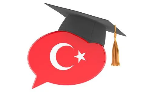 Turkish language learning. Speech bubble with Turkish flag and graduation c.. Stock Illustration