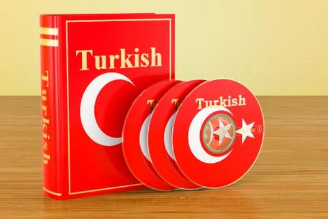 Turkish language textbook with flag of Turkey and CD discs on the wooden tabl Stock Illustration