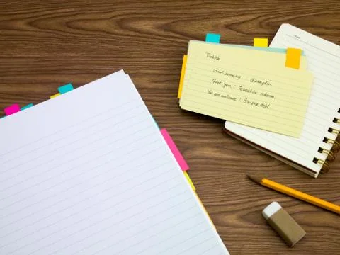 Turkish; Learning New Language Writing Words on the Notebook Stock Photos