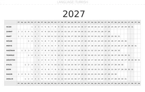 Turkish linear calendar 2027 for Turkey, horizontal planner Stock Illustration