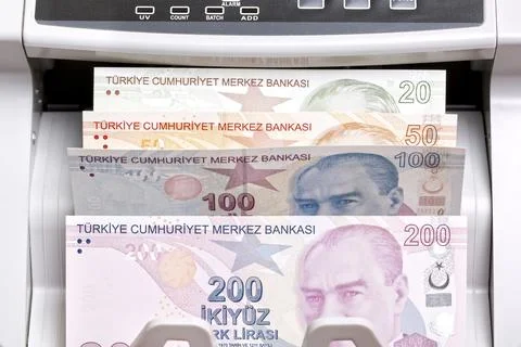 Turkish Lira in the counting machine Stock Photos