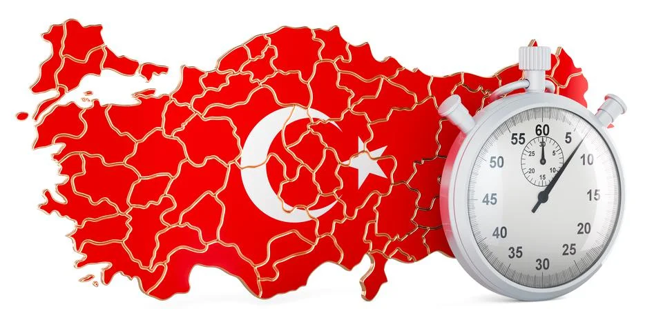 Turkish map with stopwatch, 3D rendering Stock Illustration
