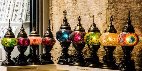 Turkish multicolored lanterns put in a row in Istanbul' s Grand bazaar Stock Photos