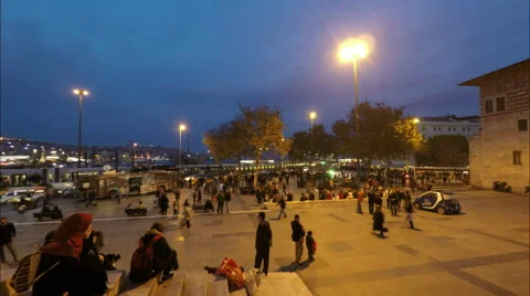 Turkish people in Eminonu square at dusk in Istanbul Turkey (Editorial) Stock Footage 58086053